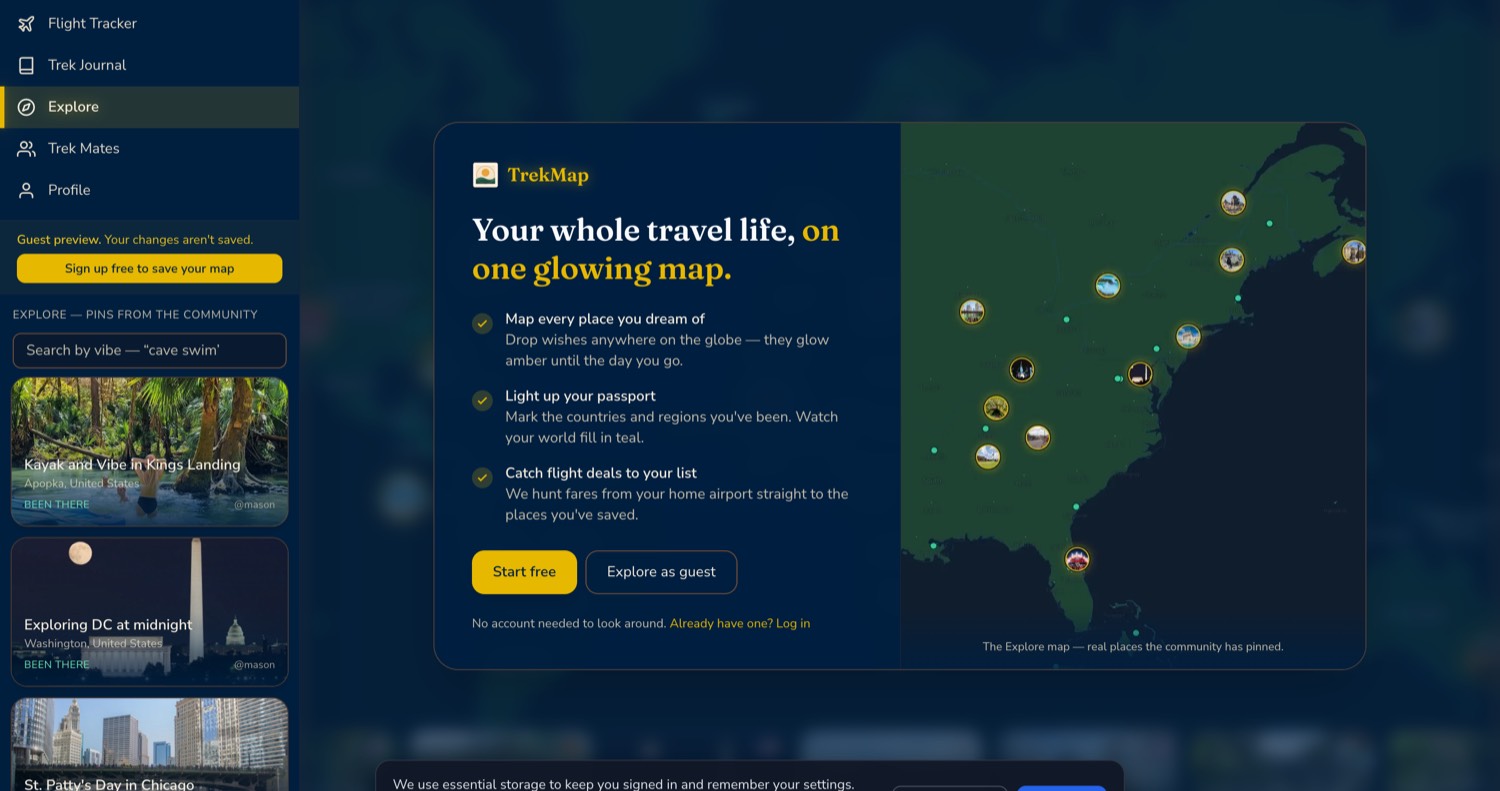 The TrekMap app showing the Explore map with community pins across the eastern United States